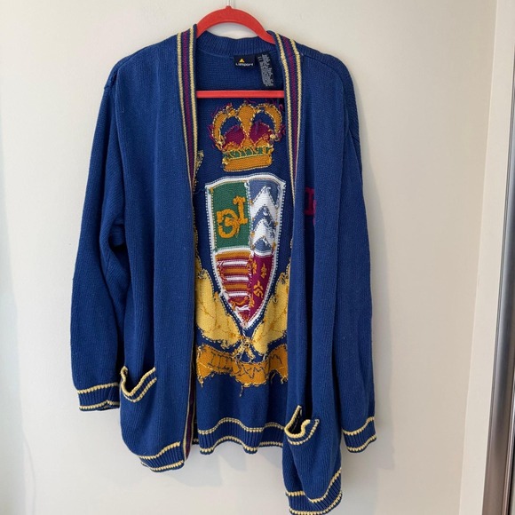 Lizsport Vintage Crest Cardigan Sweater Blue Ramie Cotton Knit Large MCMXCIII - Picture 2 of 8